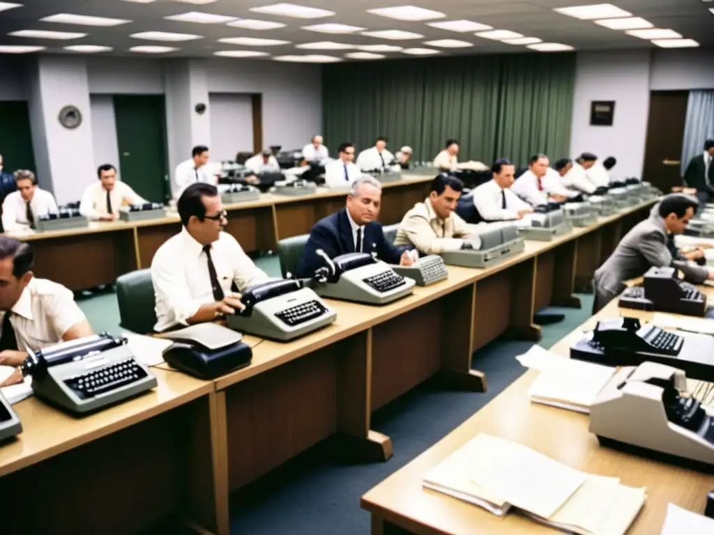 Periodistas en sala de redacción durante Crisis Misiles Cuba, trabajando con urgencia para informar sobre el evento histórico