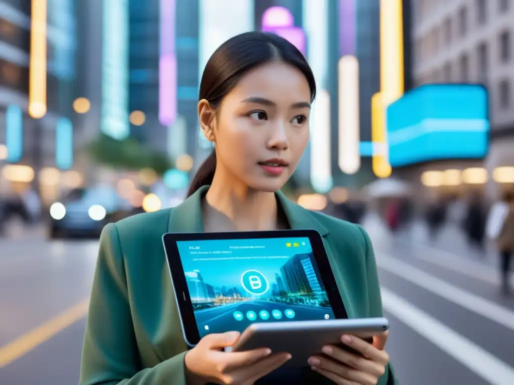 Persona interactuando con asistente de IA en tablet en la ciudad, expresando curiosidad y preocupación