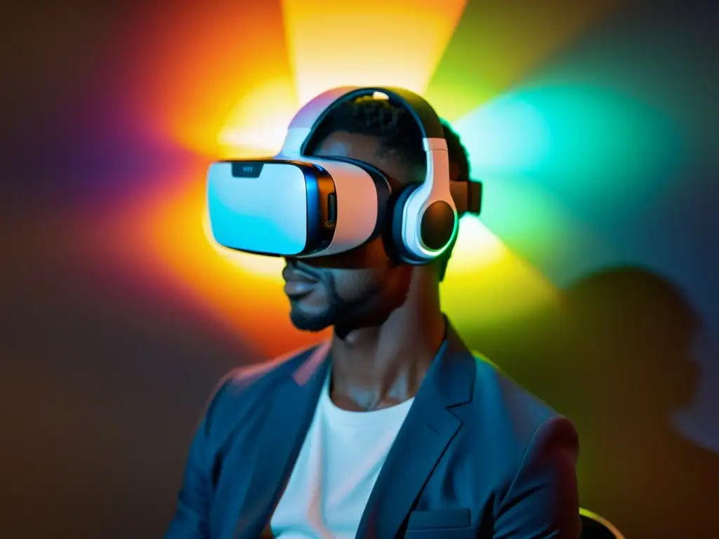 Persona con auriculares de realidad virtual, inmersa en colores digitales, en una habitación tenue