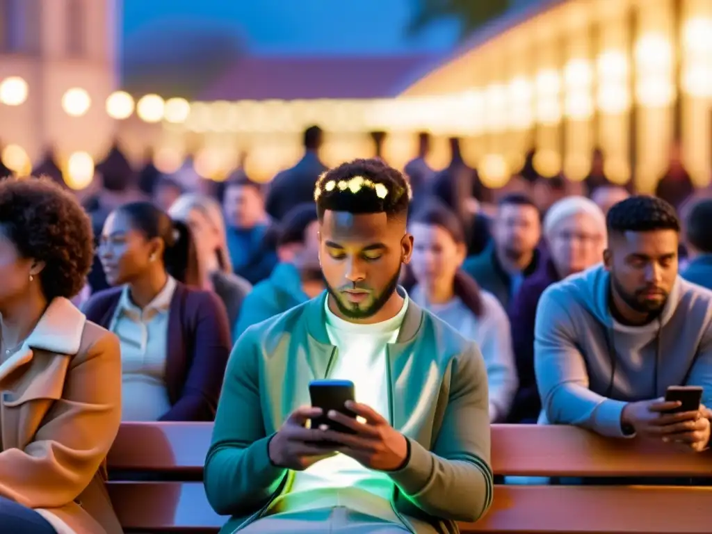 Una persona en un banco del parque, rodeada de gente, absorta en la pantalla de su smartphone