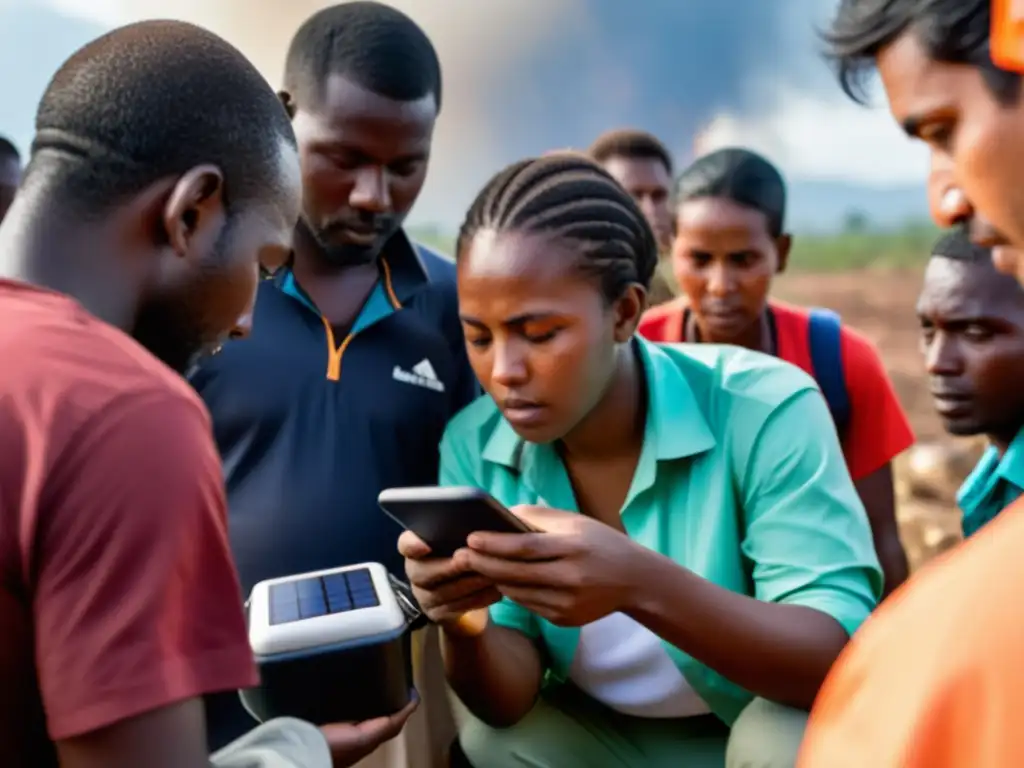 Persona usando cargador solar en zona de desastre, con acceso digital en emergencias humanitarias y expresión de urgencia y resiliencia