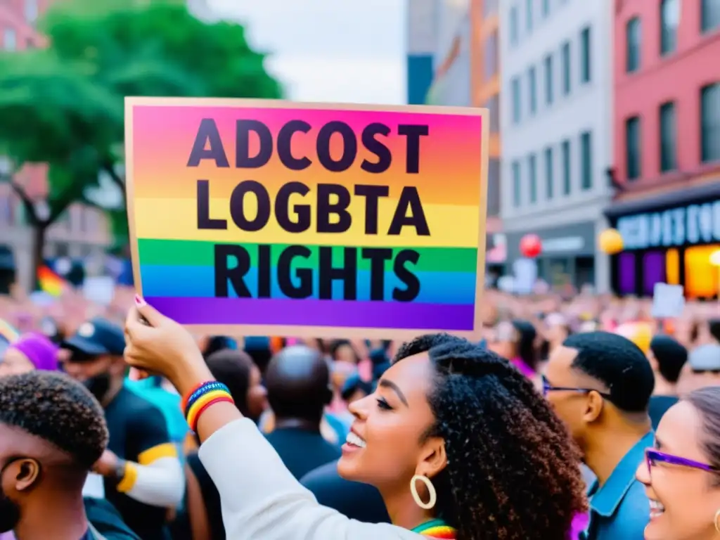 Persona sosteniendo cartel por los derechos LGBTQ+ en ciudad diversa