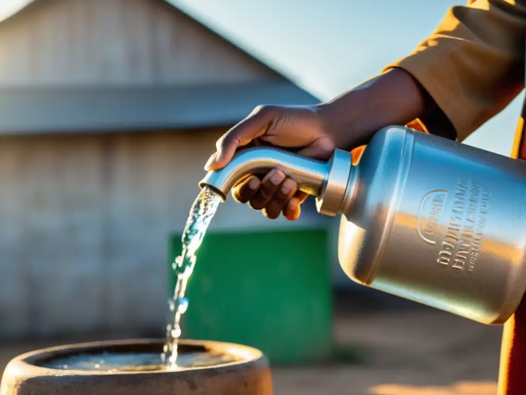 Persona en comunidad rural abre grifo, recoge agua potable, expresa alivio y gratitud