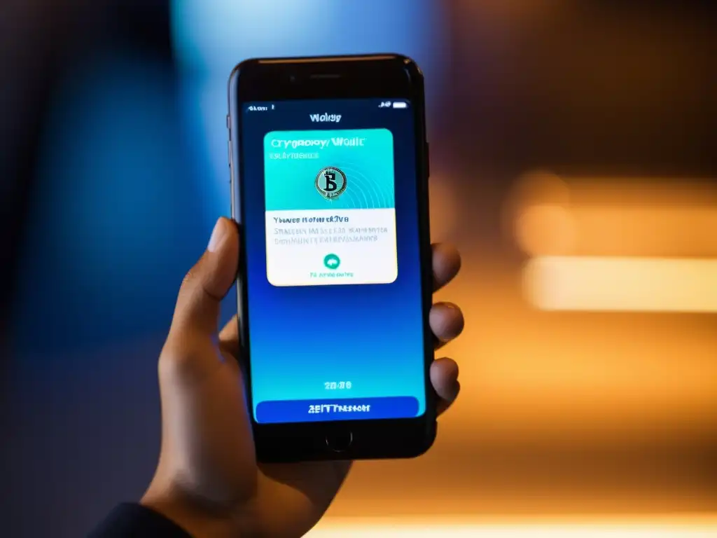 Persona concentrada usando app de billetera cripto en smartphone, con rostro iluminado por la pantalla