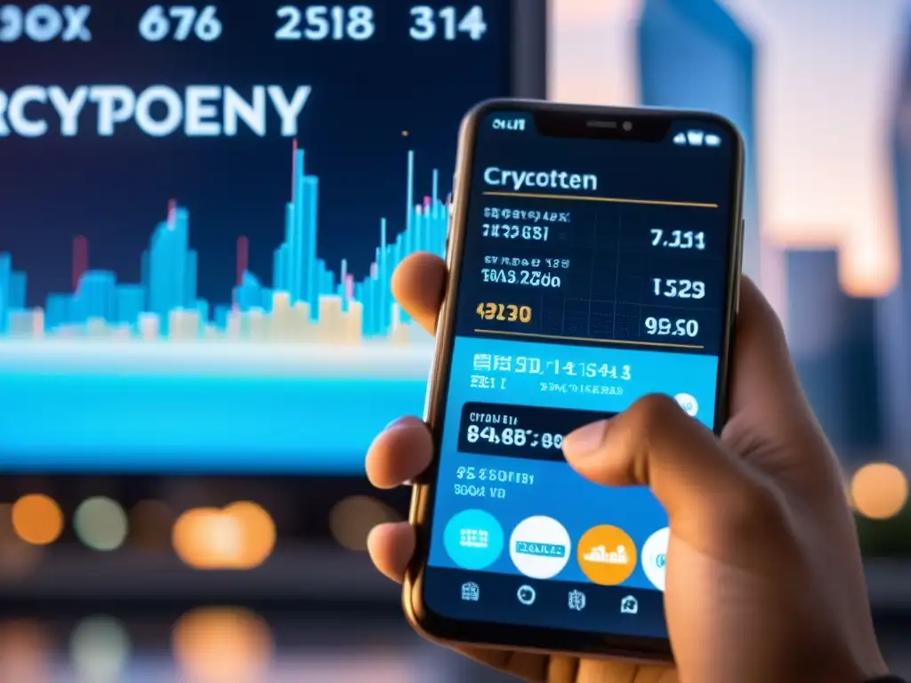 Una persona concentrada usando una billetera de criptomonedas en su smartphone, con detalles de transacciones encriptadas en la pantalla