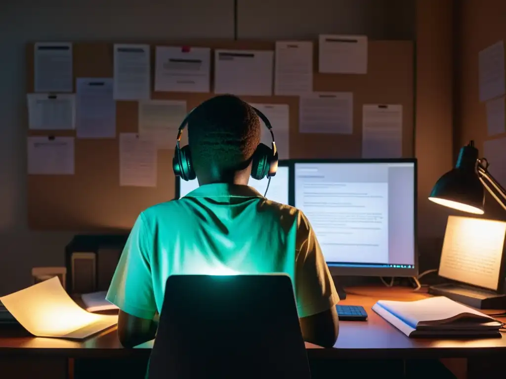 Persona concentrada usando computadora en habitación tenue, reflejando la complejidad de los derechos humanos en la era digital