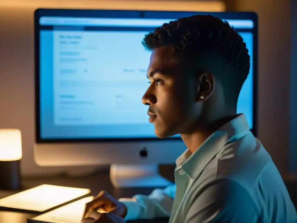 Persona concentrada leyendo un formulario digital en una pantalla brillante Una persona concentrada leyendo un consentimiento informado era digital en la pantalla de su ordenador, en un entorno moderno y ocupado