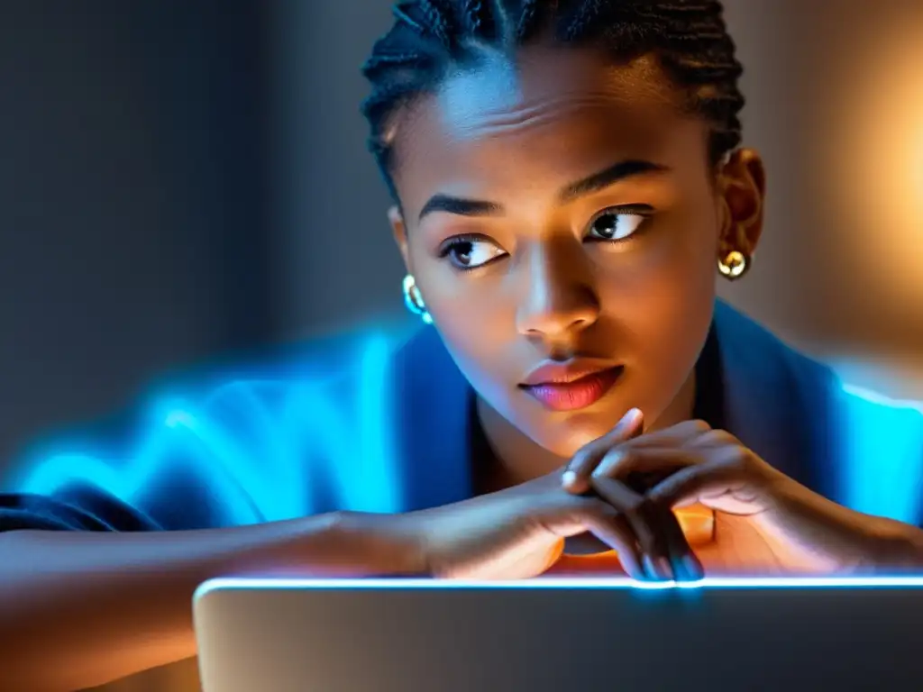 Persona concentrada en laptop, alertas de privacidad y seguridad en pantalla