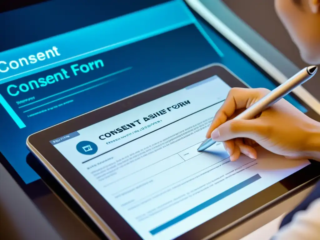 Firma digital de consentimiento médico: unión de ética y tecnología Persona firmando consentimiento informado en tablet, con interfaz digital futurista de fondo