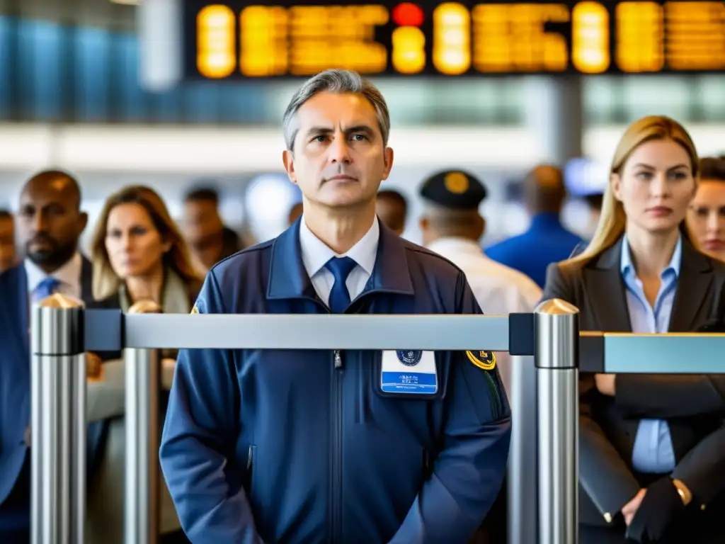 Persona en control de seguridad del aeropuerto con expresión tensa y manos alzadas