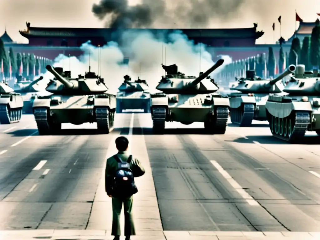 Persona desafiante frente a tanques militares en protesta por represión derechos civiles en China contemporánea