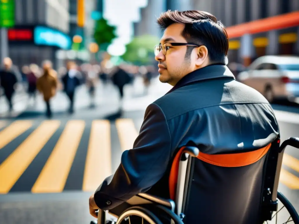 Persona con discapacidad enfrentando desafíos de accesibilidad en la ciudad, resaltando la interseccionalidad y desigualdad social