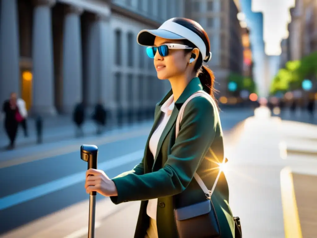 Una persona con discapacidad visual utiliza un bastón inteligente mientras la tecnología empodera su independencia en la ciudad