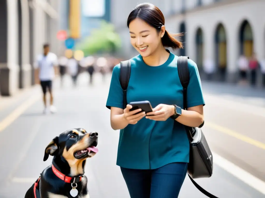 Persona con discapacidad visual utiliza IA inclusiva en smartphone, guiada por perro guía, mostrando empoderamiento en la vida diaria