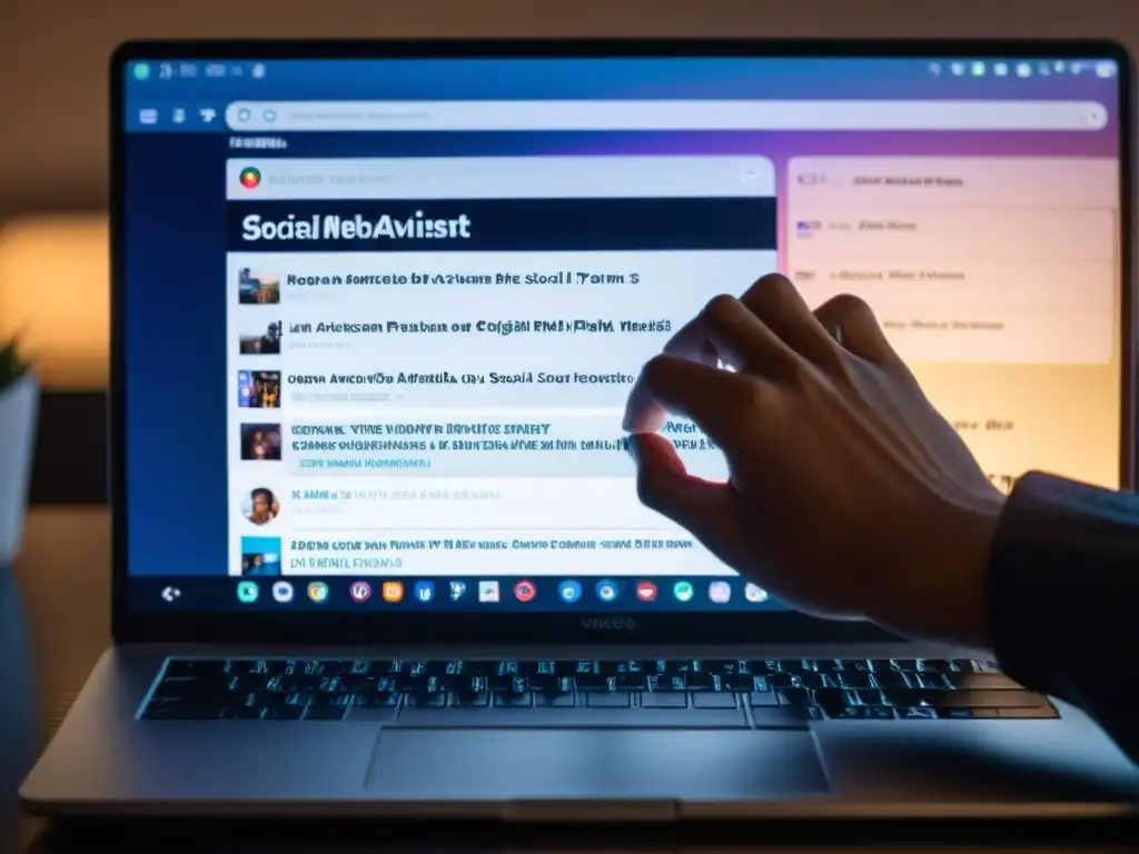 Persona enfocada en activismo digital por los derechos humanos, navegando en redes sociales y noticias