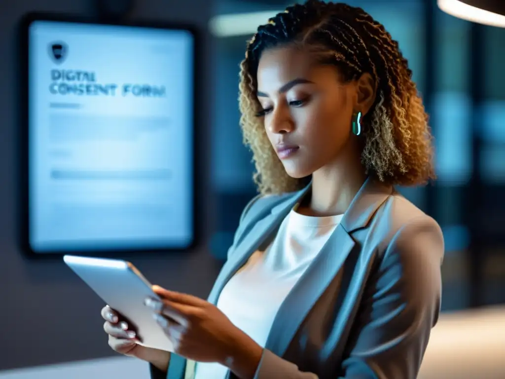 Persona firmando consentimiento digital en entorno clínico Persona firmando un formulario de consentimiento informado era digital en una oficina clínica moderna, con expresión contemplativa