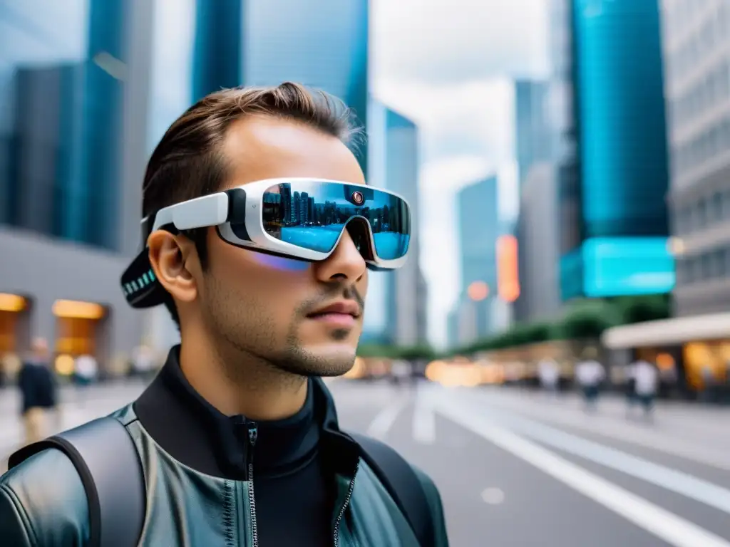 Persona con gafas de realidad aumentada, reflejando datos