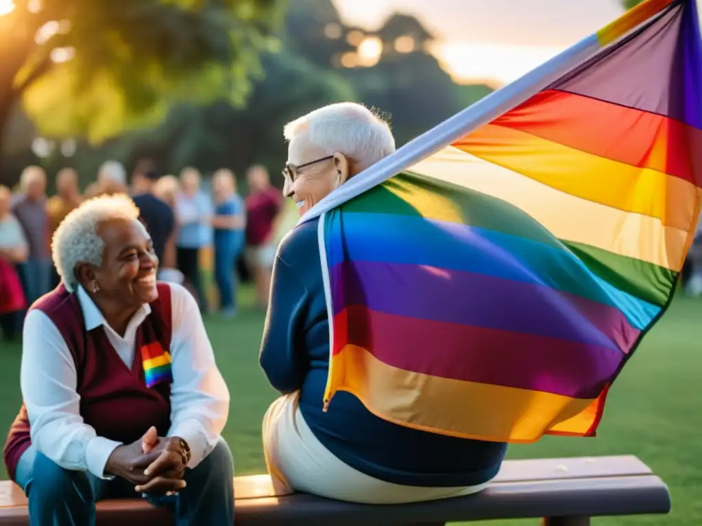 Persona mayor LGBTIQ+ orgullosa en el parque, rodeada de amigos y comunidad, en una atmósfera de aceptación y celebración de la diversidad