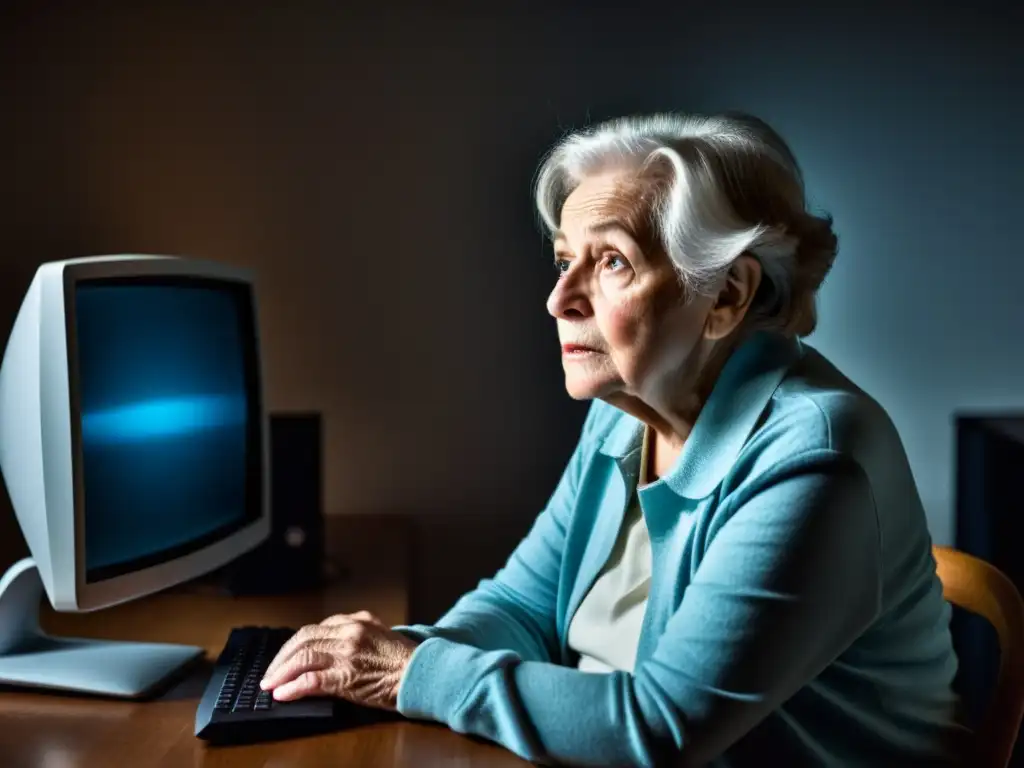 Una persona mayor se sienta sola en una habitación tenue, mirando fijamente una pantalla de computadora en blanco con frustración y confusión