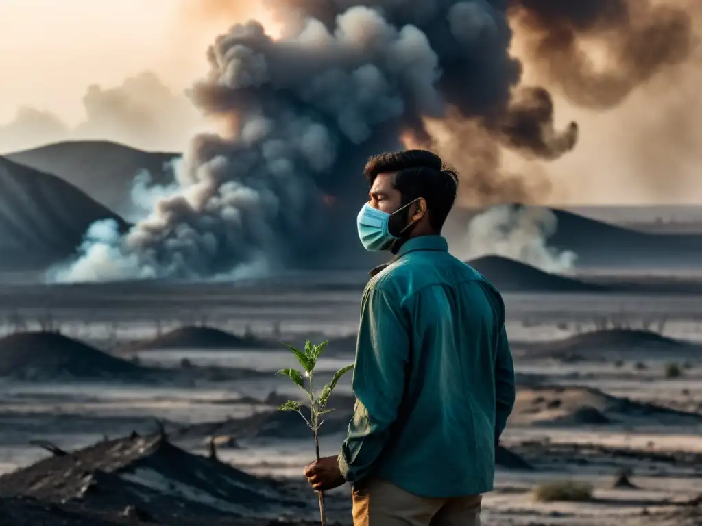 Persona en paisaje desolado con planta marchita, reflejando el impacto psicológico del cambio climático en los derechos humanos