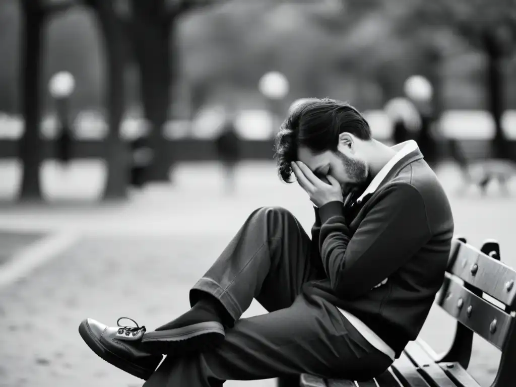 Persona reflexiva en banco de parque, rodeada de soledad, desmitificación del estigma de salud mental