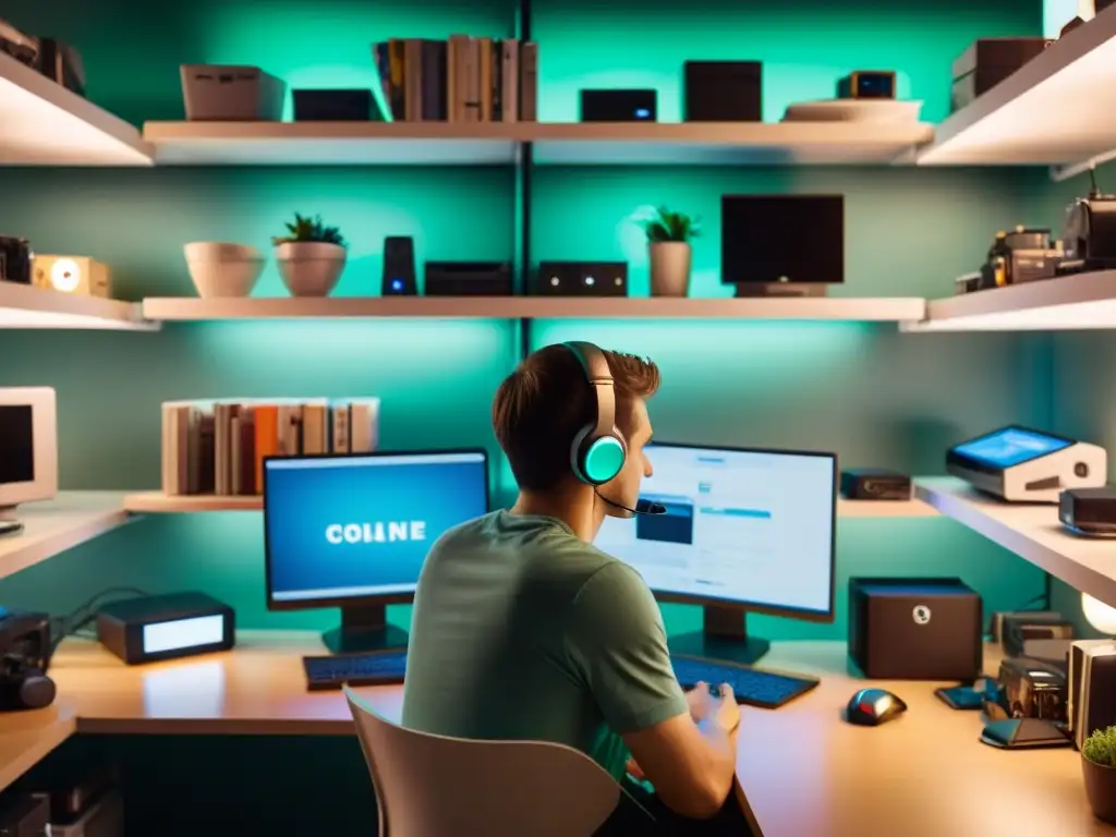 Una persona reflexiva frente a la pantalla de un ordenador, rodeada de gadgets, representa las complejas consecuencias de servicios en línea gratuitos