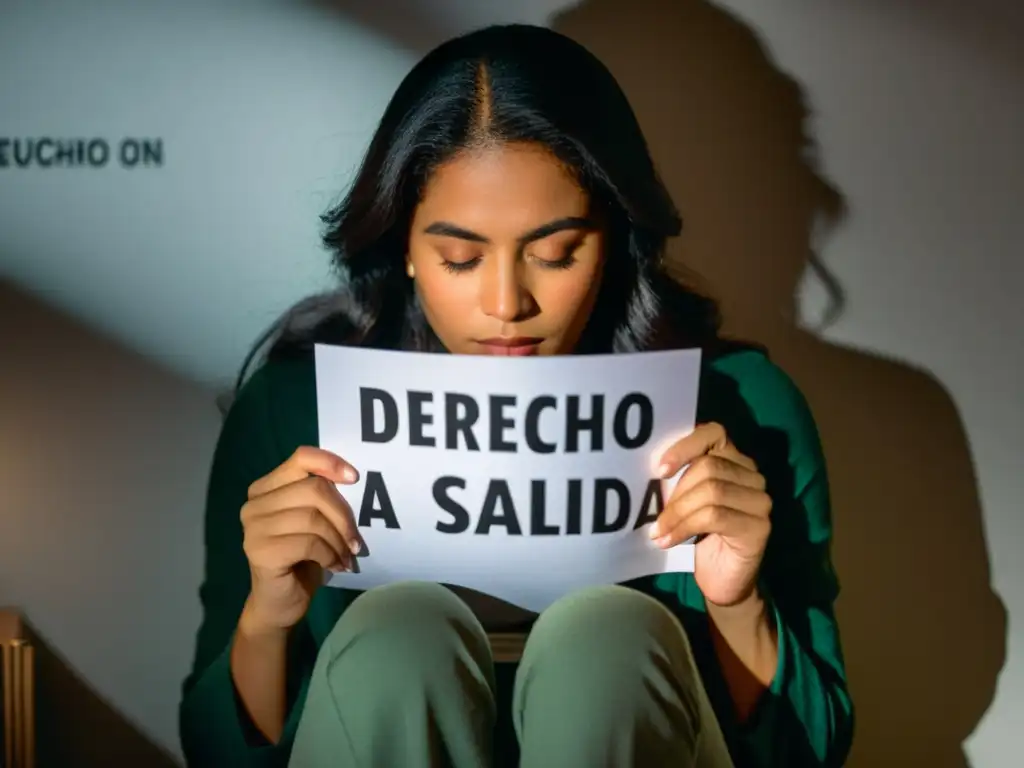 Persona reflexiva en habitación tenue sosteniendo papel 'Derecho a ser escuchado en salud mental'