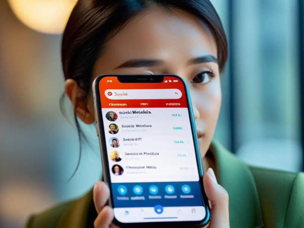 Persona reflexiva mirando redes sociales en el móvil, con anuncios y políticas de privacidad
