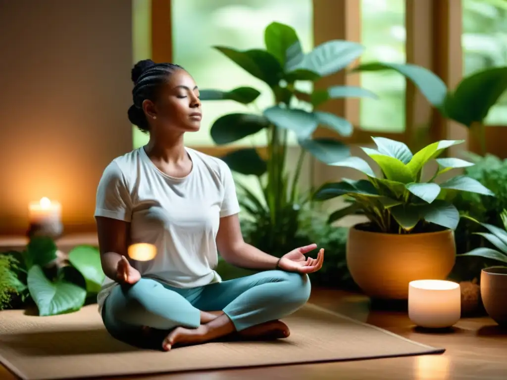 Persona en meditación rodeada de luz suave y elementos naturales, reflejando enfoques holísticos para la salud mental