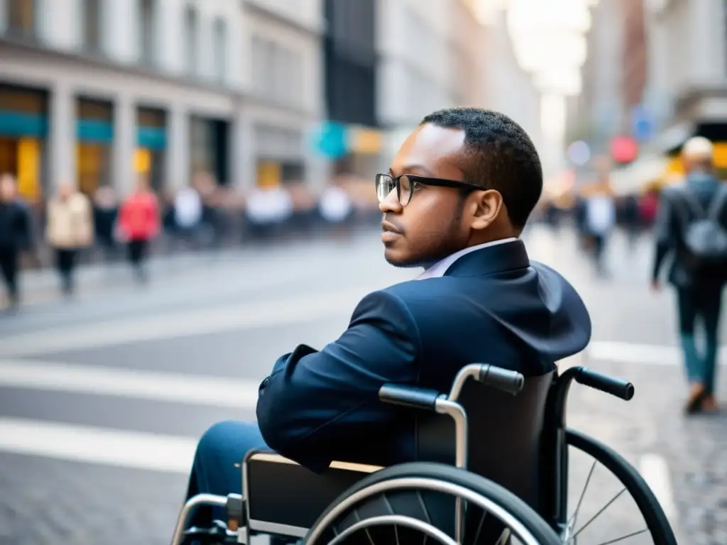 Una persona en silla de ruedas navega por una concurrida calle de la ciudad, mostrando determinación ante obstáculos urbanos