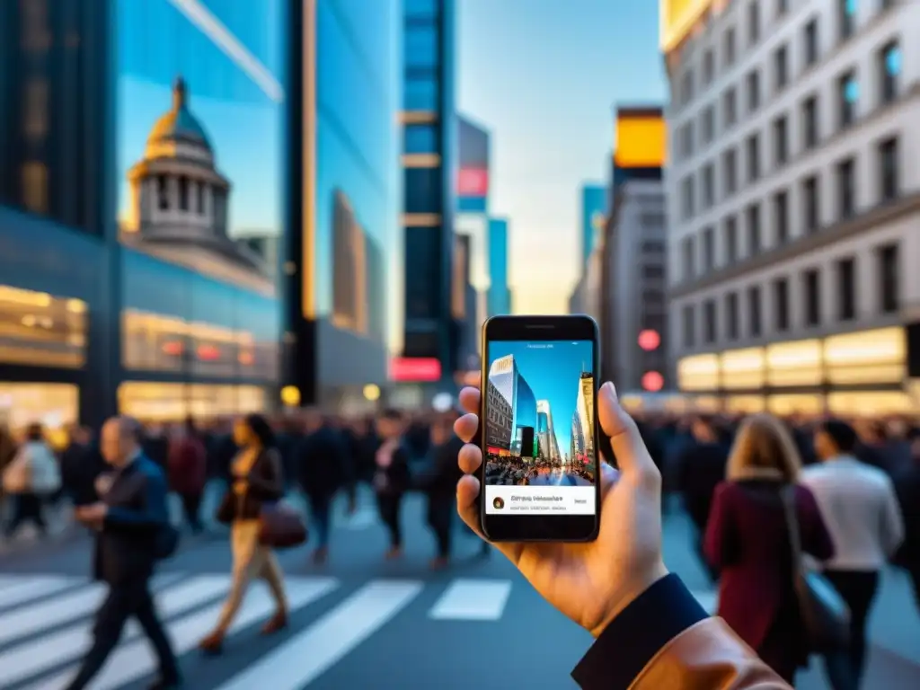 Persona usando smartphone en la ciudad, reflejos de edificios y personas en la pantalla