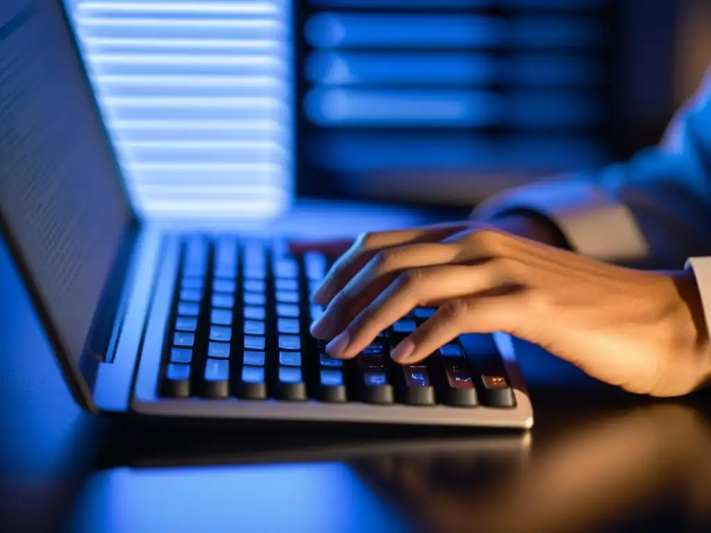 Persona escribiendo en teclado con determinación y ansiedad, en ambiente de oficina