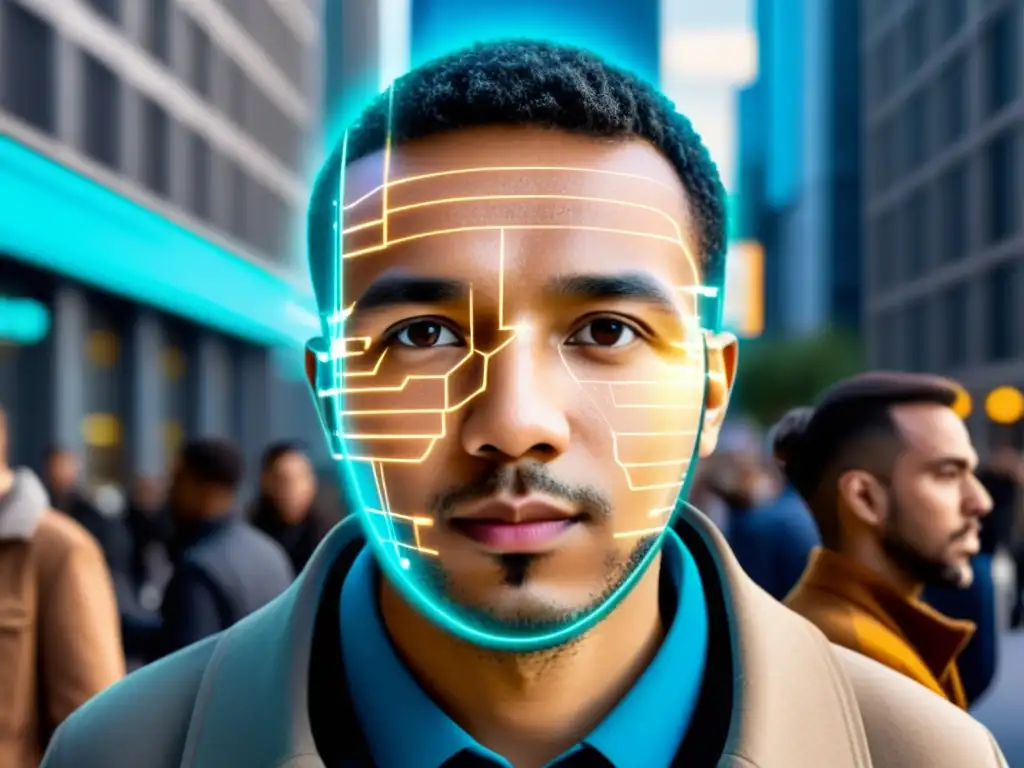 Una persona siendo escaneada por tecnología de reconocimiento facial en un entorno urbano