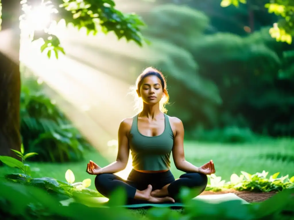 Persona practicando yoga en la naturaleza, con luz cálida en el rostro, evocando la importancia de la salud física