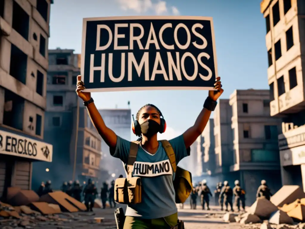 Personaje de videojuego activista en ciudad destruida con carteles de Derechos Humanos, reflejando el impacto de los videojuegos políticos