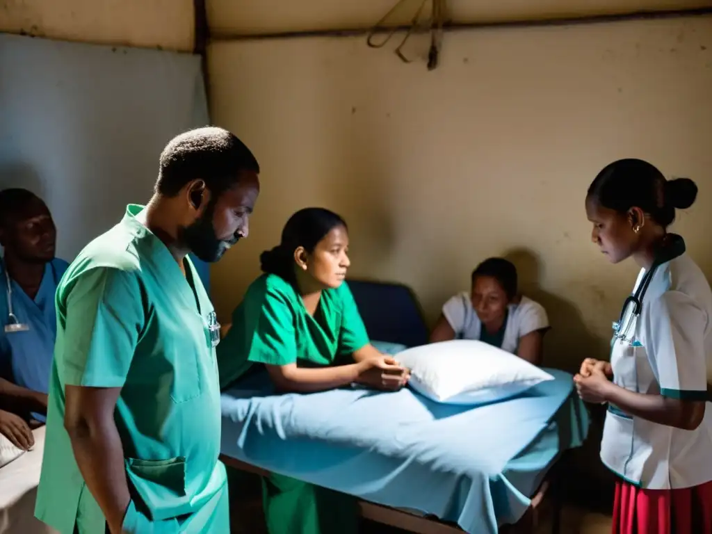 Personal médico agotado brinda atención en clínica improvisada en zona conflictiva y marginada, reflejando la crisis humanitaria en la atención médica