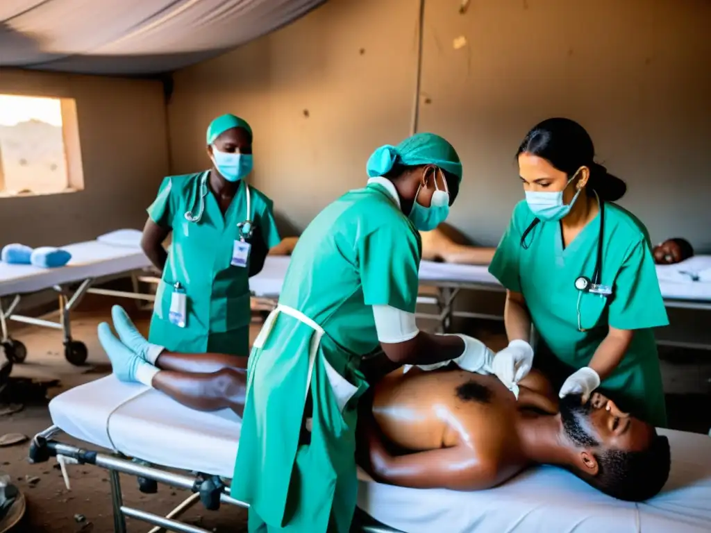 Personal médico atiende a heridos en zona de conflicto, mostrando resiliencia en condiciones difíciles de salud