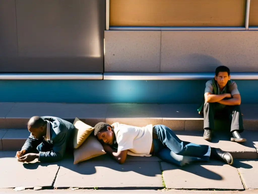 Personas descansando en la acera de la ciudad, reflejando la lucha por el ocio y el descanso