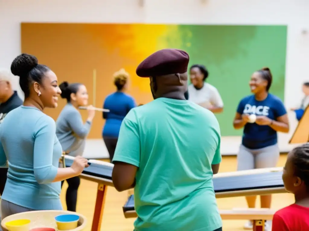 Diversas personas disfrutan de actividades recreativas y artísticas en un centro comunitario, reflejando el derecho al ocio y cultura para todos