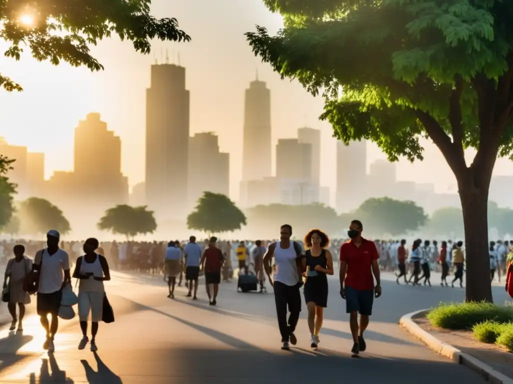 Calor urbano: supervivencia en la ciudad sofocante Personas agobiadas por el calor en una ciudad abarrotada, buscando sombra bajo árboles escasos