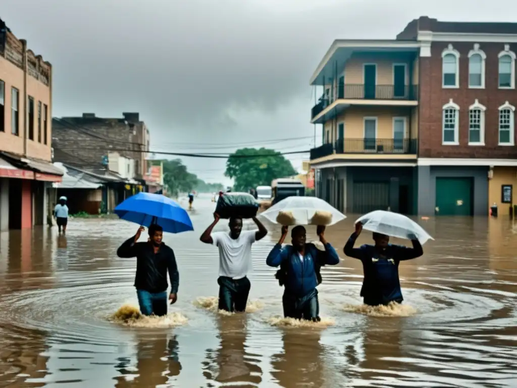 Personas atraviesan aguas de inundación en ciudad afectada por eventos climáticos extremos