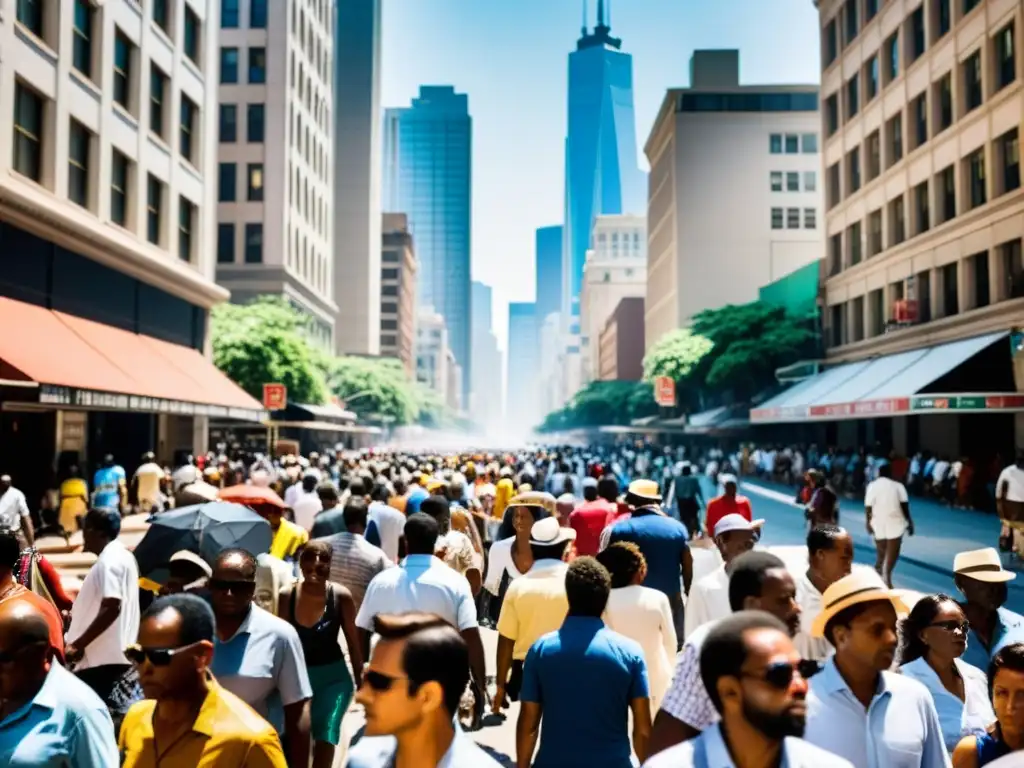 Personas en una calle de la ciudad durante una ola de calor, buscando alivio bajo el intenso sol