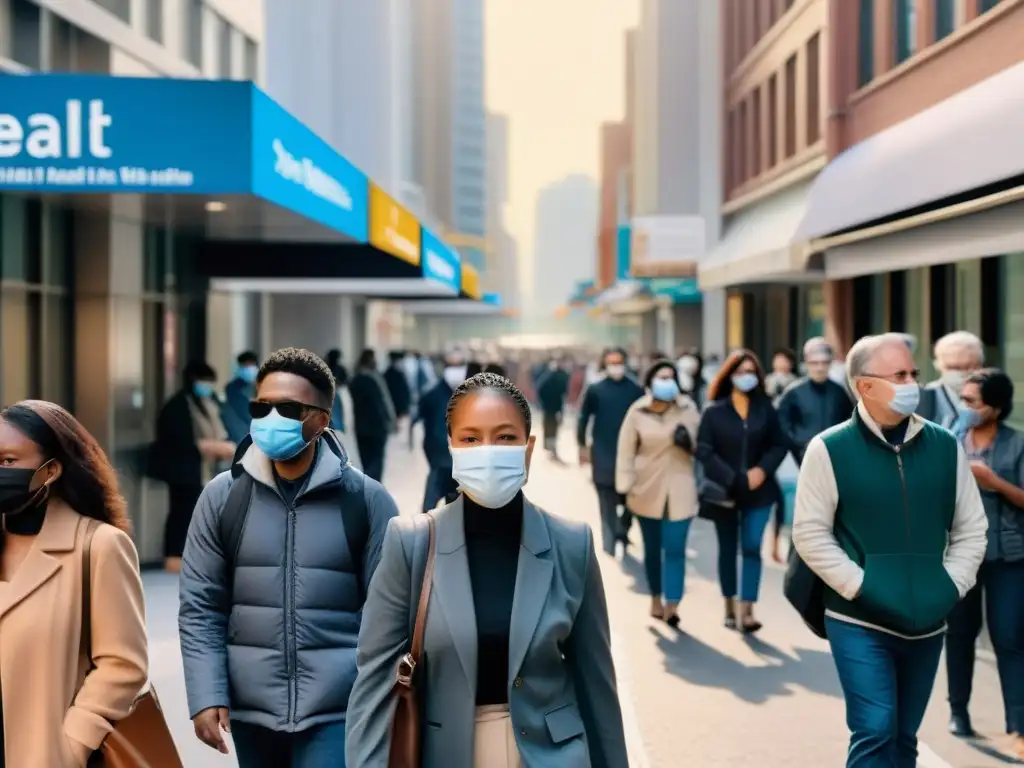 Personas en la calle usando mascarillas y manteniendo distancia social, en fila para un centro de vacunación