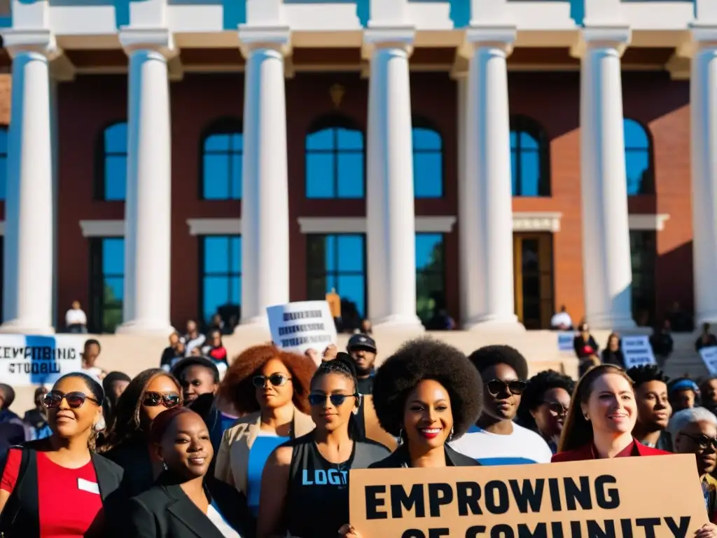 Diversas personas sostienen carteles con mensajes de apoyo a la comunidad LGTBIQ+ frente a un edificio histórico, en un acto de lucha por los derechos humanos, la libertad de expresión y la unión