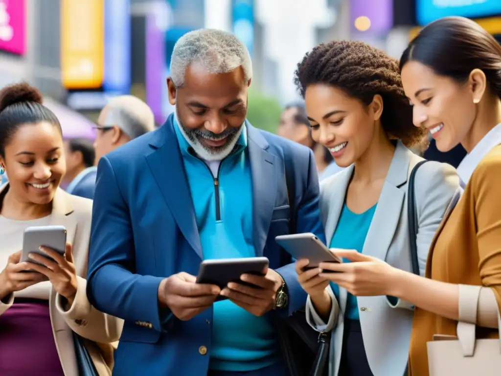 Personas en la ciudad usando tecnología para Acceso digital mejora salud pública, creando una escena vibrante y diversa