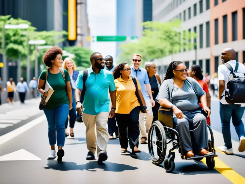 Personas con discapacidad navegando la ciudad con accesibilidad universal, promoviendo derechos humanos