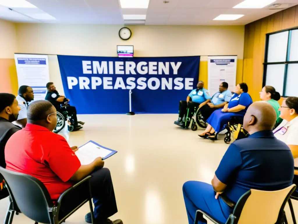 Personas con discapacidad participan activamente en un taller de preparación para emergencias, colaborando con instructores