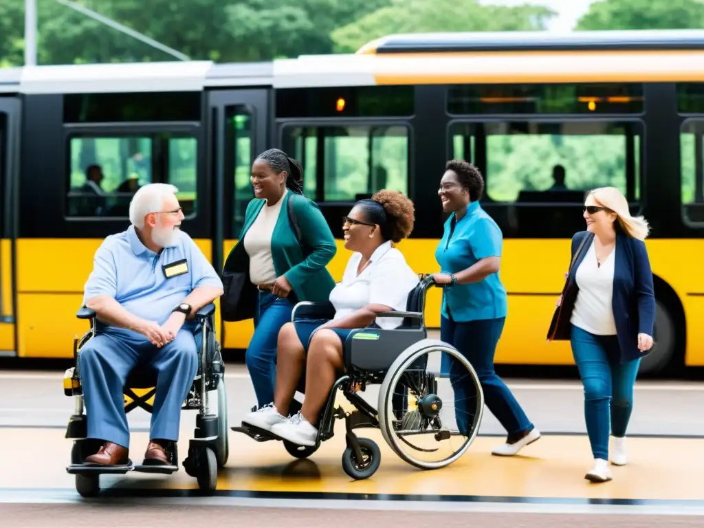 Personas con discapacidades usan transporte público accesible con rampas para silla de ruedas y asientos designados