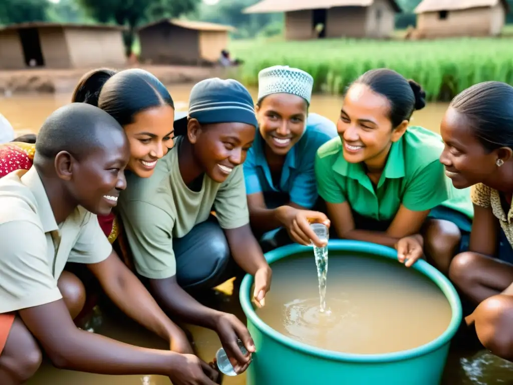 Personas diversas se reúnen alrededor de una fuente de agua, colaborando y discutiendo soluciones para la gestión de recursos hídricos