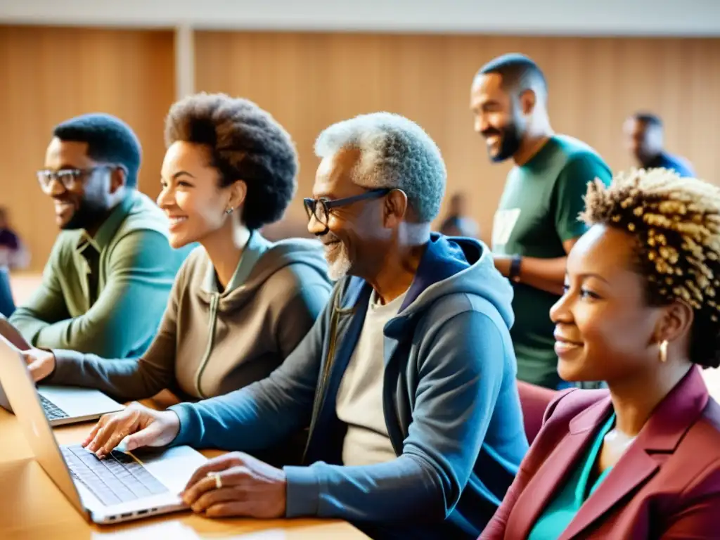 Personas diversas usando tecnología en centro comunitario, reflejando acceso a Internet como derecho humano